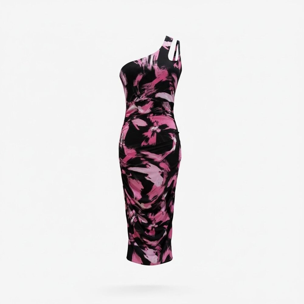 One-Shoulder Pink & Black Abstract Print Dress XS By The Fashion Spot